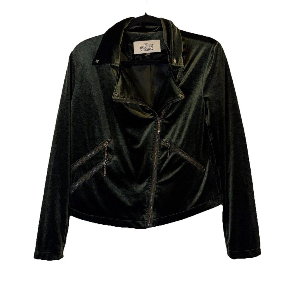 Belle Badgley Mischka Women M Moto Jacket Soft Velvet Green Asymmetrical Studded